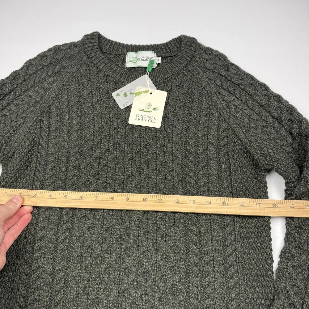 Original Aran Co Sweater Mens Medium Green Merino Wool Aran Cable Knit Crewneck